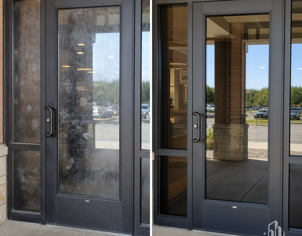 Before-and-after comparison of a hazy storefront door and clear streak-free glass