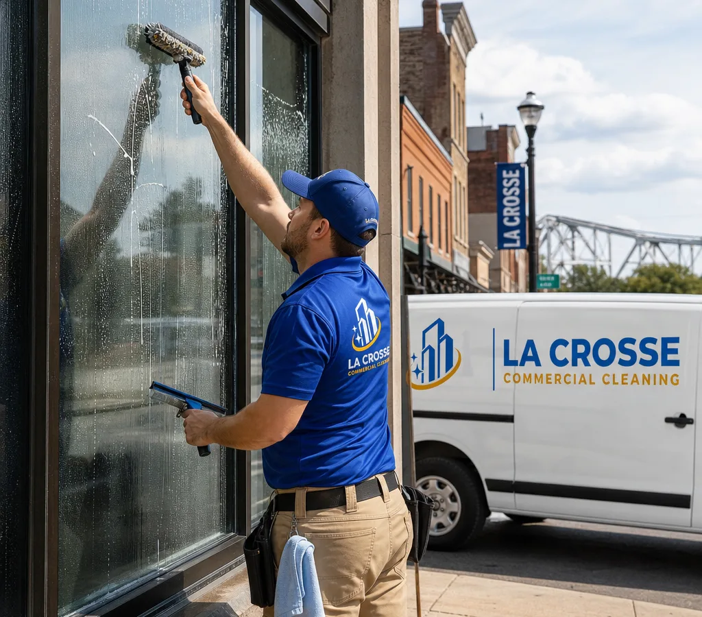 Technician cleaning large commercial storefront windows with a squeegee and scrubber in downtown La Crosse