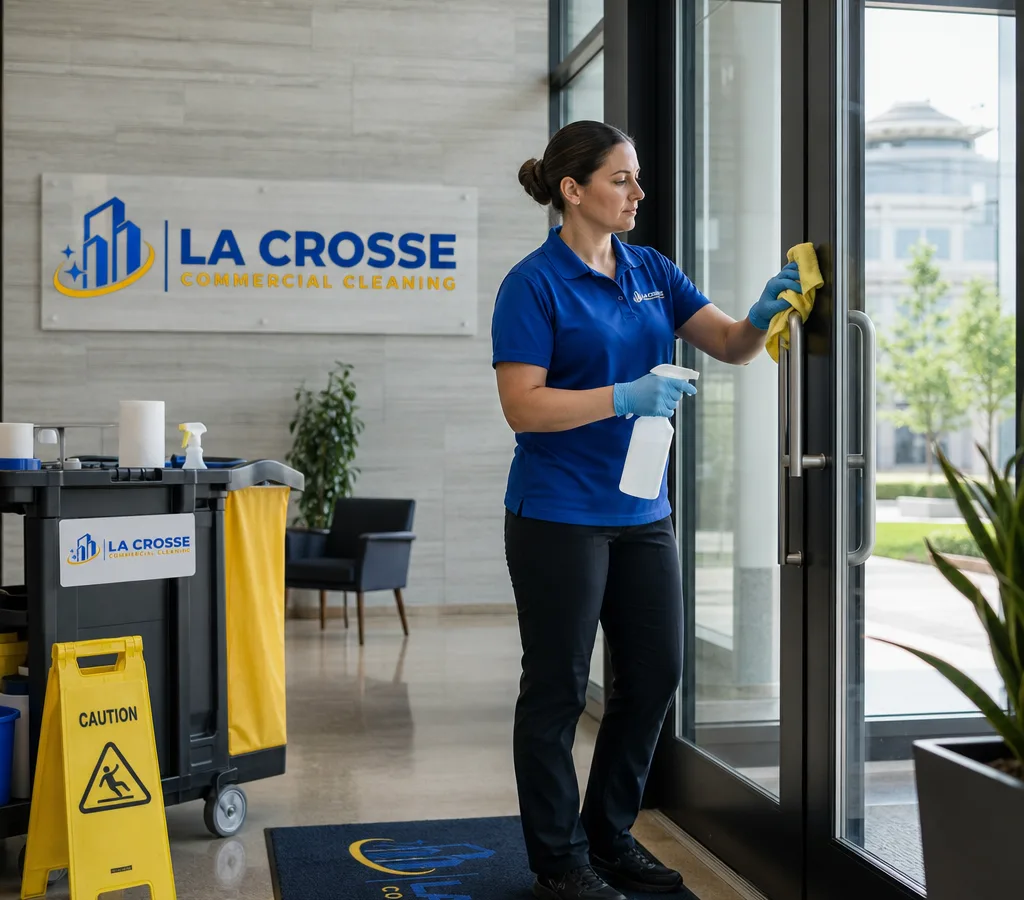 Uniformed commercial cleaner disinfecting lobby surfaces and glass entry doors