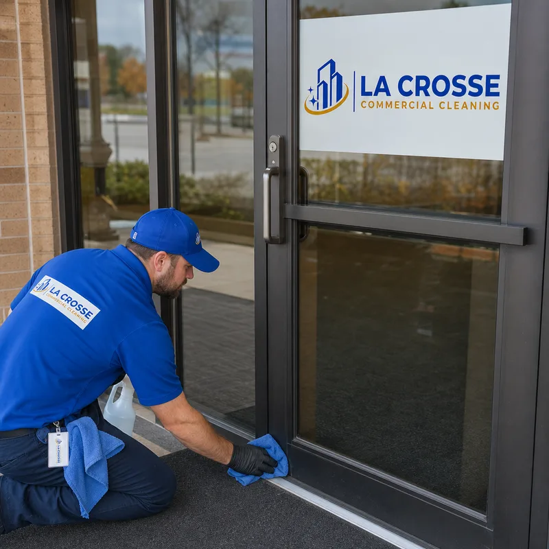 Clean streak-free commercial glass entry door with vacuumed mats and dry floor
