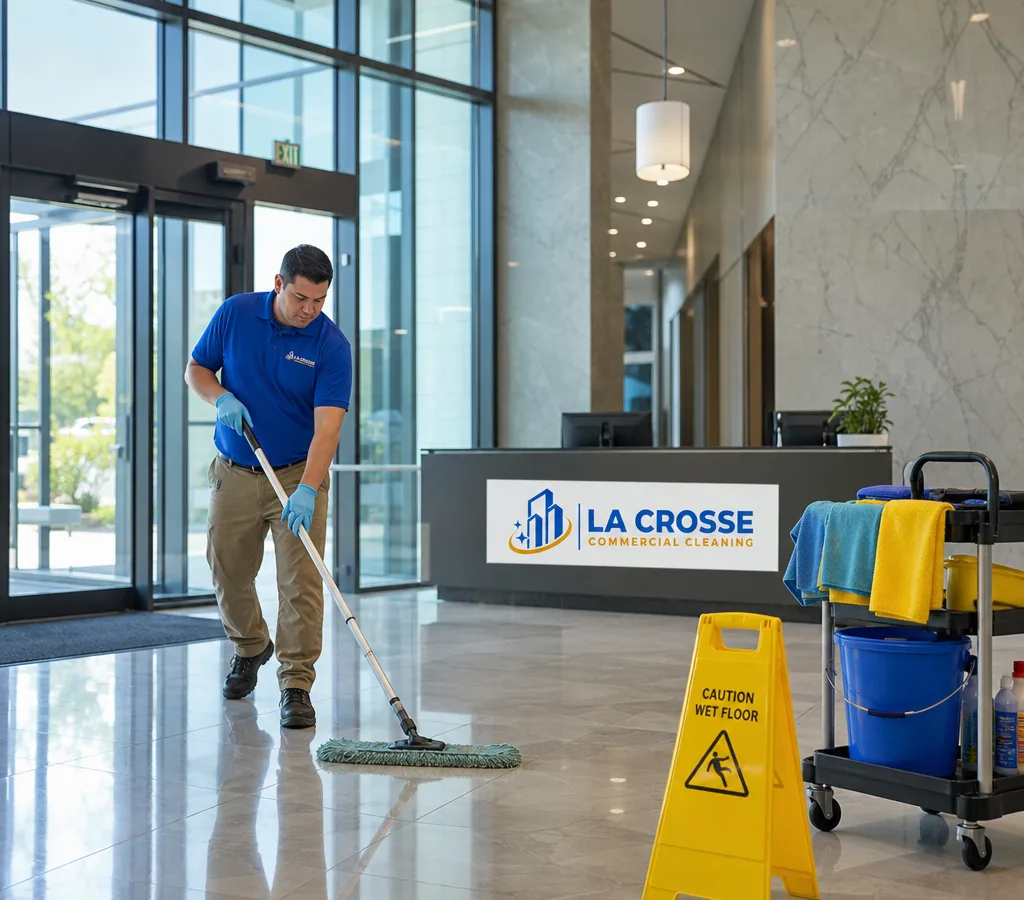 Janitorial technician cleaning and disinfecting a commercial office lobby entryway with floor care equipment and microfiber tools