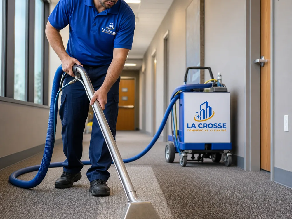 Close-up of a carpet wand extracting soil from a commercial hallway
