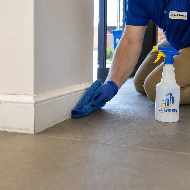 Clean commercial entryway with detailed baseboard edges and corners