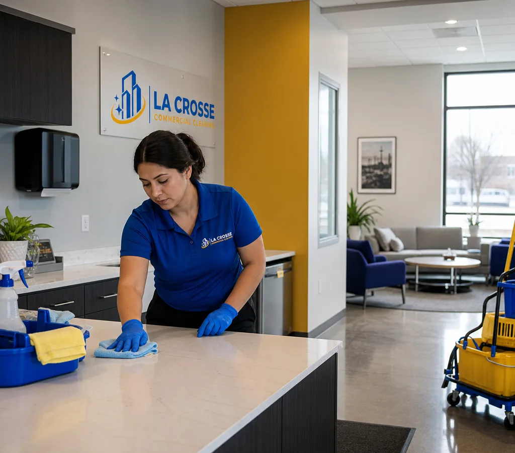 Cleaning technician performing a detailed quarterly deep clean in a professional commercial breakroom and lobby