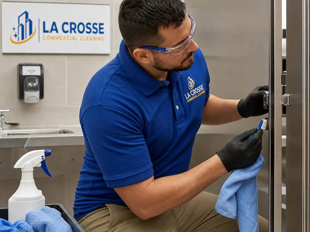 Technician detailing commercial restroom fixtures and partition edges with appropriate tools and protective equipment