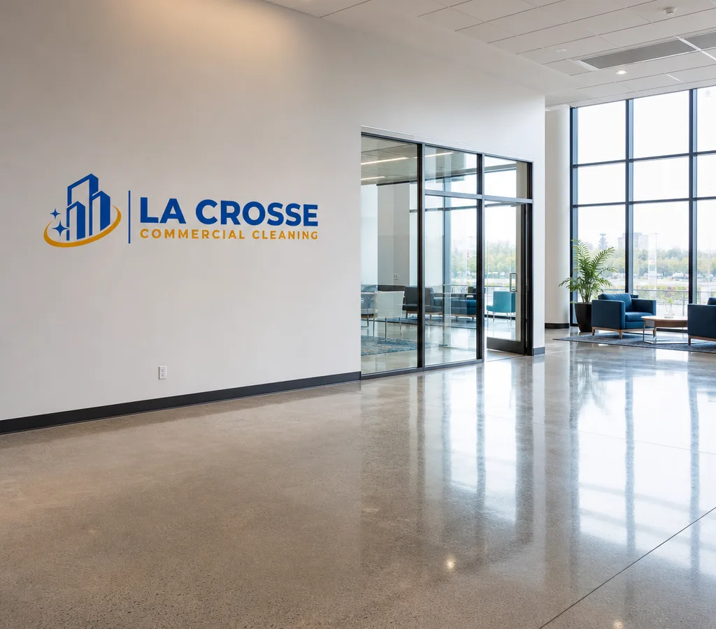 Newly finished commercial interior in La Crosse with clean floors, clear glass, and spotless trim after construction cleanup