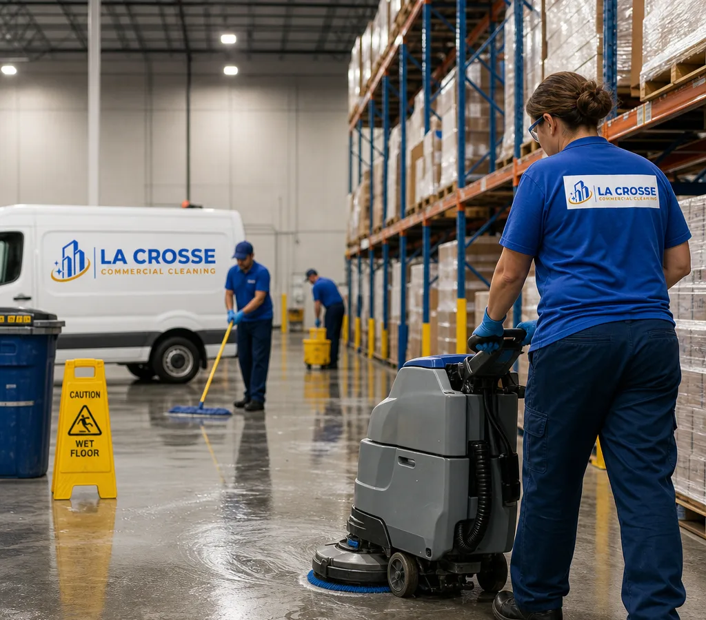 Cleaning crew in PPE scrubbing a warehouse aisle beside racking and palletized inventory