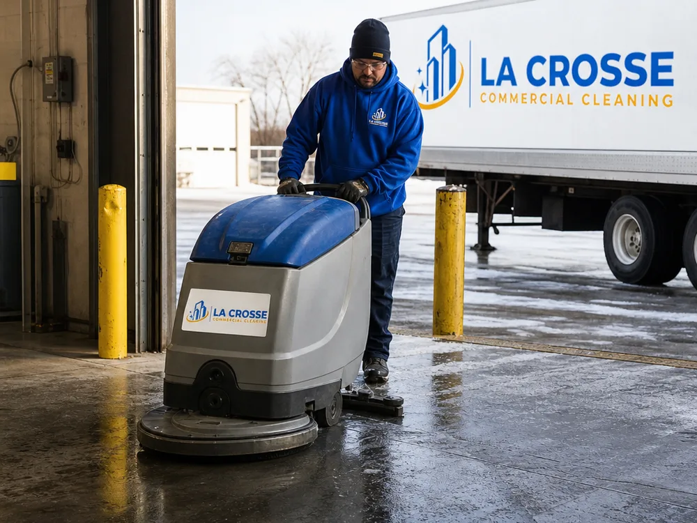 Auto-scrubber cleaning a concrete warehouse floor near a loading dock