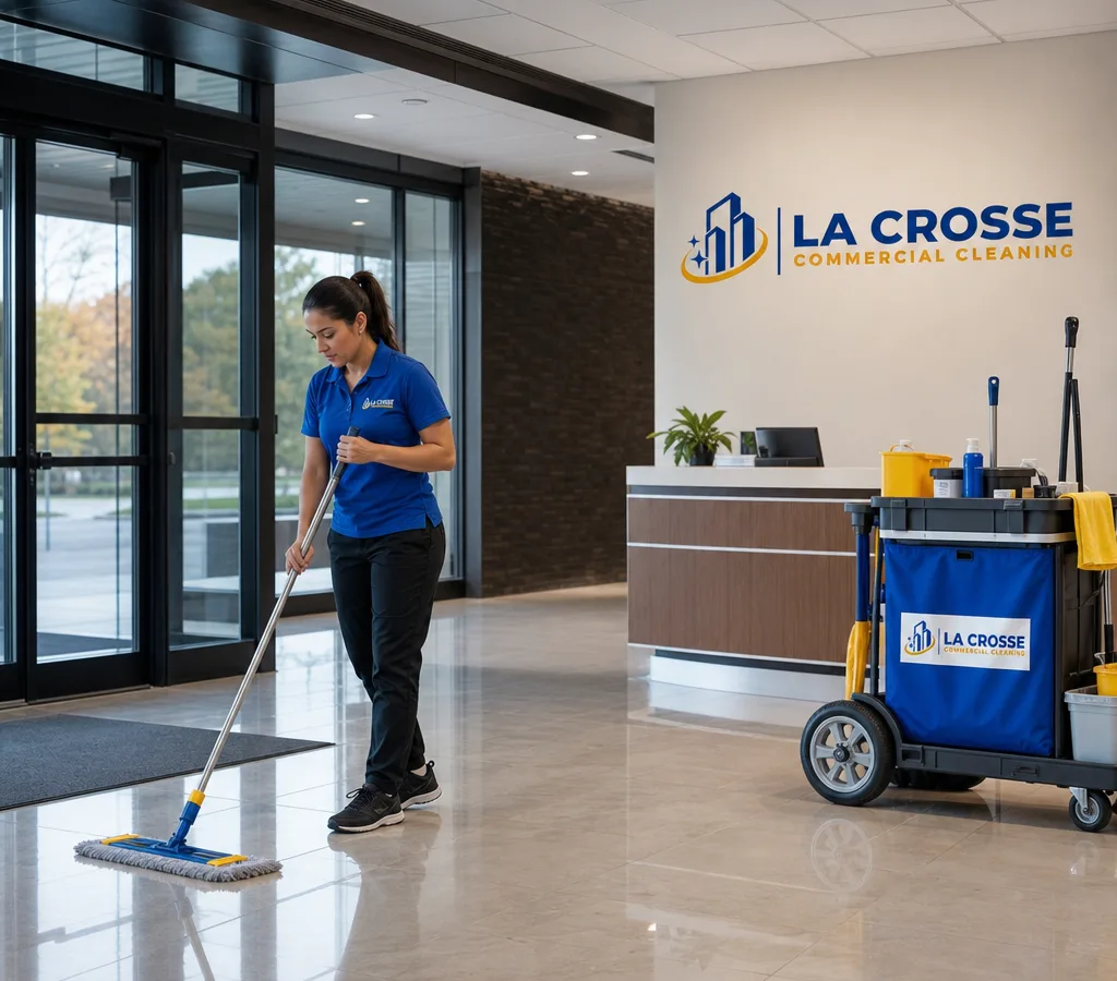 Tidy modern office lobby with clean glass doors, spotless floors, and clear sightlines