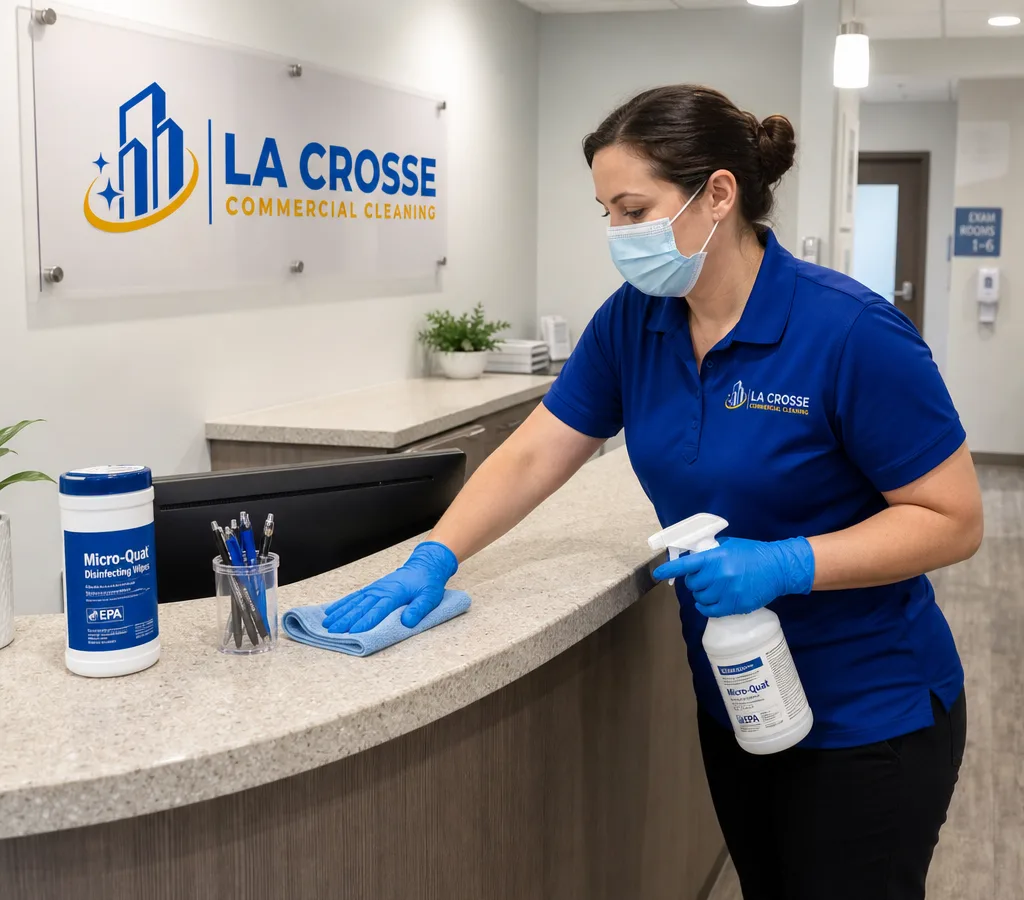 Professional cleaner disinfecting a medical office reception counter and high-touch surfaces