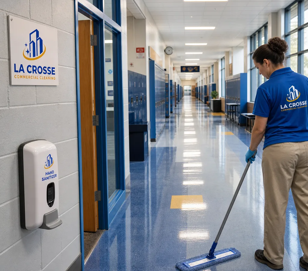 Bright, professionally cleaned school hallway with lockers, sanitizer stations, clean floors, and smudge-free glass