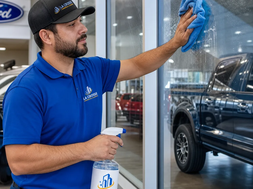 Cleaner detailing a large auto showroom window with microfiber beside vehicle displays
