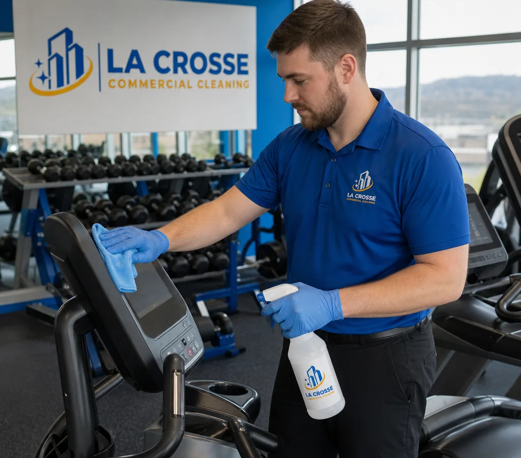 Janitorial technician disinfecting cardio equipment and touchscreens in a modern gym
