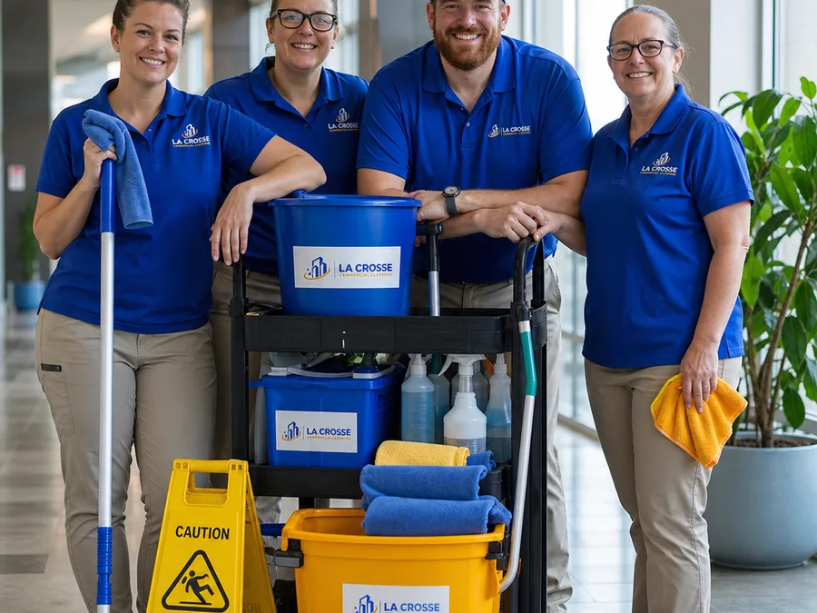Commercial cleaning team in uniform with labeled supplies and microfiber cloths