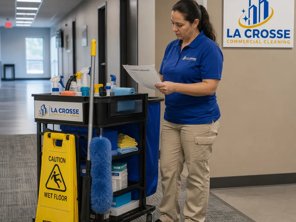 Cleaner stocking a janitorial cart and reviewing a checklist in a commercial building